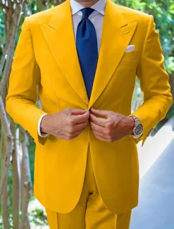 Men's Wedding Homecoming Suits Peak White Yellow Fashion Business Solid Colored Tailored Fit 2 Piece Single Breasted One-button