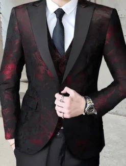 Men's Wedding Homecoming Tuxedos Black Red Printing Standard Fit 3 Piece Single Breasted One-button