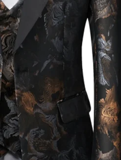 Men's Wedding Homecoming Tuxedos Black Red Printing Standard Fit 3 Piece Single Breasted One-button