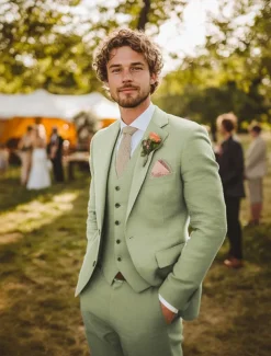 Men's Wedding Linen Suits Notch Lapel Sage Formal Solid Colored Standard Fit 3 Piece Single Breasted Two-buttons