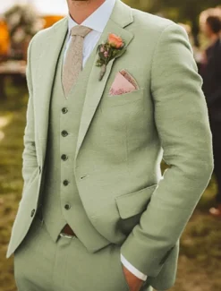Men's Wedding Linen Suits Notch Lapel Sage Formal Solid Colored Standard Fit 3 Piece Single Breasted Two-buttons