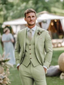 Men's Wedding Linen Suits Notch Lapel Sky Blue Sage Fashion Formal Solid Colored Standard Fit 3 Piece Single Breasted Two-buttons