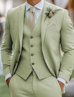 Men's Wedding Linen Suits Notch Lapel Sky Blue Sage Fashion Formal Solid Colored Standard Fit 3 Piece Single Breasted Two-buttons