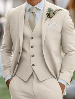 Men's Wedding Linen Suits Notch Lapel Sky Blue Sage Fashion Formal Solid Colored Standard Fit 3 Piece Single Breasted Two-buttons
