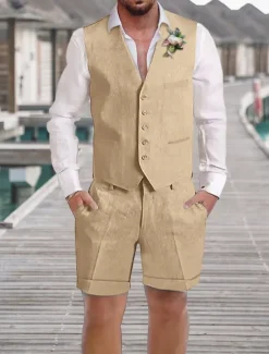 Men's Wedding Linen Suits V Neck Champagne Sky Blue Solid Colored Tailored Fit 2 Piece