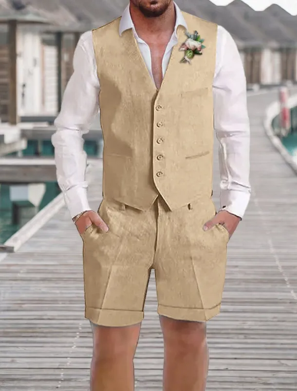 Men's Wedding Linen Suits V Neck Champagne Sky Blue Solid Colored Tailored Fit 2 Piece