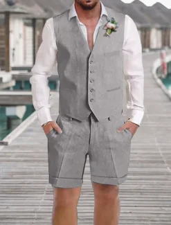 Men's Wedding Linen Suits V Neck Champagne Sky Blue Solid Colored Tailored Fit 2 Piece