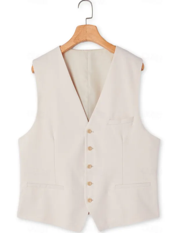 Men's Wedding Linen Suits V Neck Light Khaki Sky Blue Solid Colored Tailored Fit 2 Piece