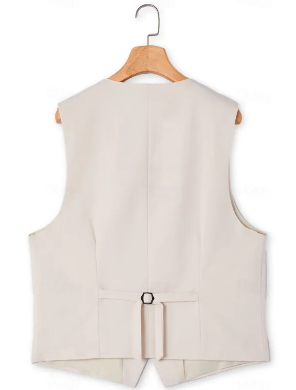 Men's Wedding Linen Suits V Neck Light Khaki Sky Blue Solid Colored Tailored Fit 2 Piece