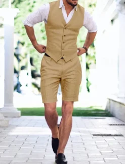 Men's Wedding Linen Suits V Neck Light Khaki Sky Blue Solid Colored Tailored Fit 2 Piece