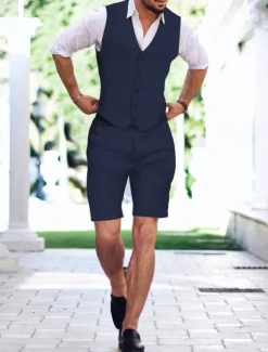 Men's Wedding Linen Suits V Neck Light Khaki Sky Blue Solid Colored Tailored Fit 2 Piece