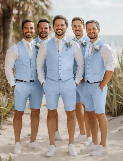 Men's Wedding Linen Suits Sky Blue Fashion Lightweight Solid Colored Tailored Fit 2 Piece