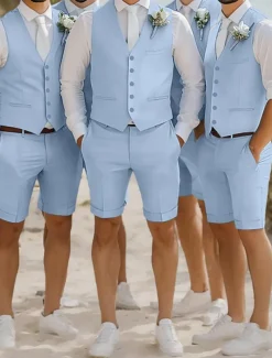 Men's Wedding Linen Suits Sky Blue Fashion Lightweight Solid Colored Tailored Fit 2 Piece