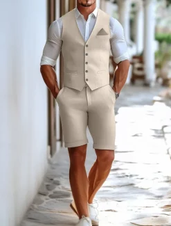 Men's Wedding Linen Suits Sky Blue Light Grey Solid Colored Tailored Fit 2 Piece