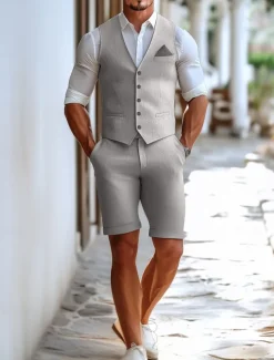 Men's Wedding Linen Suits Sky Blue Light Grey Solid Colored Tailored Fit 2 Piece