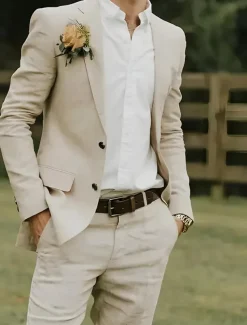 Men's Wedding Linen Suits Notch Lapel Beige Lightweight Casual Solid Colored Standard Fit 2 Piece Single Breasted Two-buttons