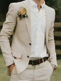 Men's Wedding Linen Suits Notch Lapel Beige Lightweight Casual Solid Colored Standard Fit 2 Piece Single Breasted Two-buttons