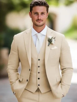 Men's Wedding Linen Suits Khaki Fashion Solid Colored Tailored Fit 3 Piece Single Breasted Two-buttons