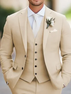 Men's Wedding Linen Suits Khaki Fashion Solid Colored Tailored Fit 3 Piece Single Breasted Two-buttons