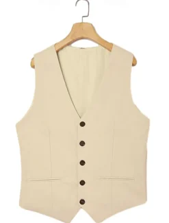 Men's Wedding Linen Suits Khaki Fashion Solid Colored Tailored Fit 3 Piece Single Breasted Two-buttons