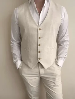Men's Wedding Linen Suits V Neck Beige Solid Colored Tailored Fit 2 Piece