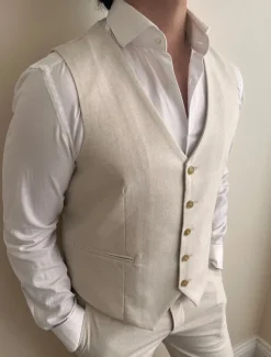 Men's Wedding Linen Suits V Neck Beige Solid Colored Tailored Fit 2 Piece