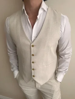 Men's Wedding Linen Suits V Neck Beige Solid Colored Tailored Fit 2 Piece