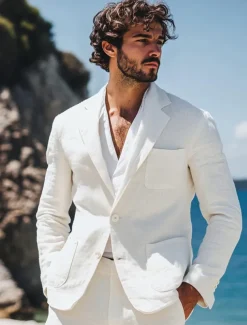 Men's Wedding Linen Suits White Lightweight Half Lined Summer Casual Suits Solid Colored Standard Fit 2 Piece Single Breasted One-button