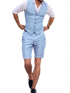Men's Wedding Linen Suits V Neck Sky Blue Brown Solid Colored Tailored Fit 2 Piece