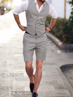 Men's Wedding Linen Suits V Neck Sky Blue Brown Solid Colored Tailored Fit 2 Piece