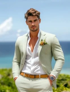 Men's Wedding Linen Suits Sage Half Lined Lightweight Summer Casual Solid Colored Standard Fit 2 Piece Single Breasted One-button