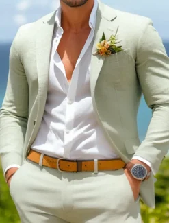 Men's Wedding Linen Suits Sage Half Lined Lightweight Summer Casual Solid Colored Standard Fit 2 Piece Single Breasted One-button