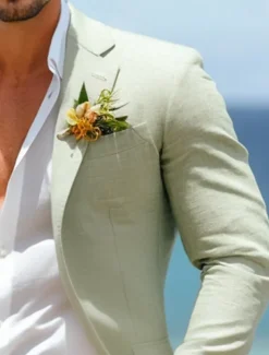 Men's Wedding Linen Suits Sage Half Lined Lightweight Summer Casual Solid Colored Standard Fit 2 Piece Single Breasted One-button