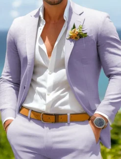 Men's Wedding Linen Suits Sage Half Lined Lightweight Summer Casual Solid Colored Standard Fit 2 Piece Single Breasted One-button