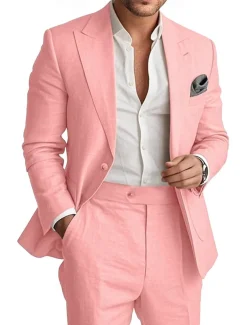Men's Wedding Linen Suits Peaked Lapel Pink Sky Blue Fashion Casual Solid Colored Standard Fit 2 Piece Single Breasted One-button