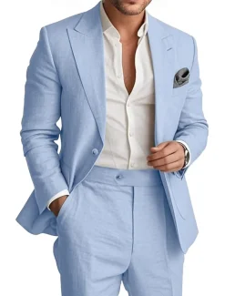 Men's Wedding Linen Suits Peaked Lapel Pink Sky Blue Fashion Casual Solid Colored Standard Fit 2 Piece Single Breasted One-button