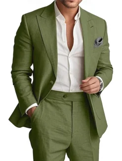 Men's Wedding Linen Suits Peaked Lapel Pink Sky Blue Fashion Casual Solid Colored Standard Fit 2 Piece Single Breasted One-button