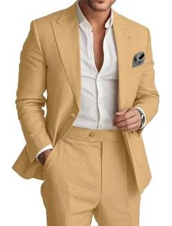 Men's Wedding Linen Suits Peaked Lapel Pink Sky Blue Fashion Casual Solid Colored Standard Fit 2 Piece Single Breasted One-button