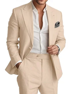 Men's Wedding Linen Suits Peaked Lapel Pink Sky Blue Fashion Casual Solid Colored Standard Fit 2 Piece Single Breasted One-button