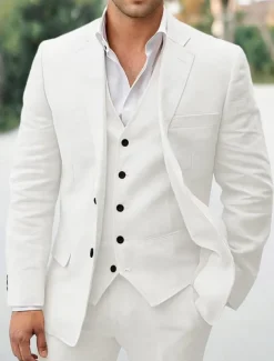 Men's Wedding Linen Suits White Sky Blue Solid Colored Tailored Fit 3 Piece Single Breasted Two-buttons
