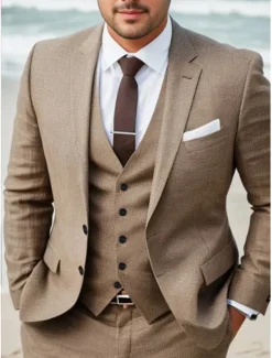 Men's Wedding Linen Suits Notch Lapel Sky Blue Khaki Solid Colored Tailored Fit 3 Piece Single Breasted Two-buttons