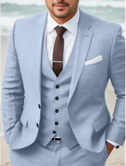Men's Wedding Linen Suits Notch Lapel Sky Blue Khaki Solid Colored Tailored Fit 3 Piece Single Breasted Two-buttons