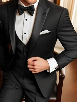 Men's Wedding Party Evening Wear Tuxedos Party / Evening Black Burgundy Solid Colored Tailored Fit 3 Piece Single Breasted One-button