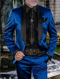 Men's Wedding Party Evening Wear Suits Shawl Collar Royal Blue Purple Luxury Solid Colored Tailored Fit 2 Piece Single Breasted One-button