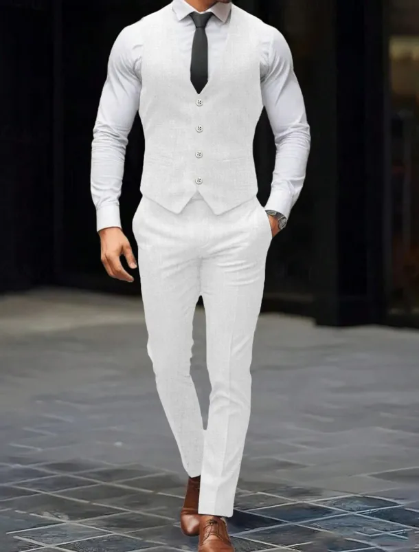Men's Wedding Party Evening Wear Suits Black White Fashion Daily Solid Colored Standard Fit 2 Piece