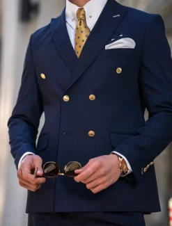 Men's Wedding Party Evening Wear Suits Dark Blue Business Formal Solid Colored Tailored Fit 2 Piece Double Breasted Six-buttons