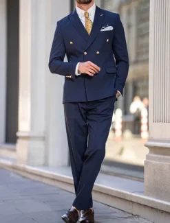 Men's Wedding Party Evening Wear Suits Dark Blue Business Formal Solid Colored Tailored Fit 2 Piece Double Breasted Six-buttons