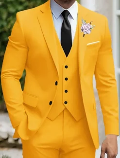 Men's Wedding Party Evening Wear Suits Yellow Sage Dress Solid Colored Slim Fit 3 Piece Single Breasted Two-buttons