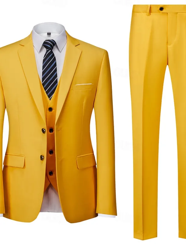 Men's Wedding Party Evening Wear Suits Yellow Sage Dress Solid Colored Slim Fit 3 Piece Single Breasted Two-buttons