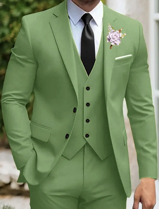 Men's Wedding Party Evening Wear Suits Yellow Sage Dress Solid Colored Slim Fit 3 Piece Single Breasted Two-buttons